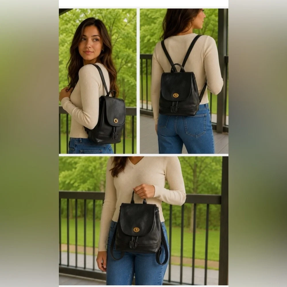 Vintage Coach Rucksack Black Leather 9960 Daypack SN# E069-9960 9.5” x 7.25”